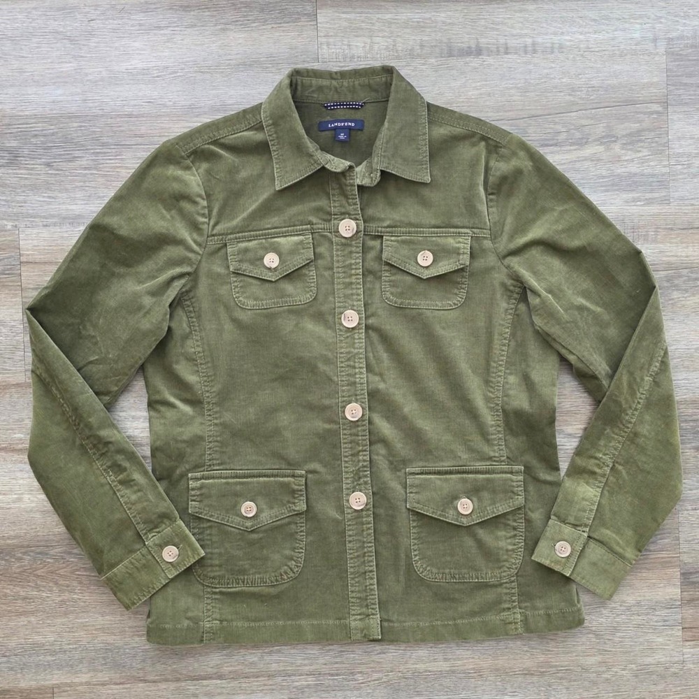 Vintage Lands End Olive Green Corduroy Chore Utility Jacket Size 10P Medium
